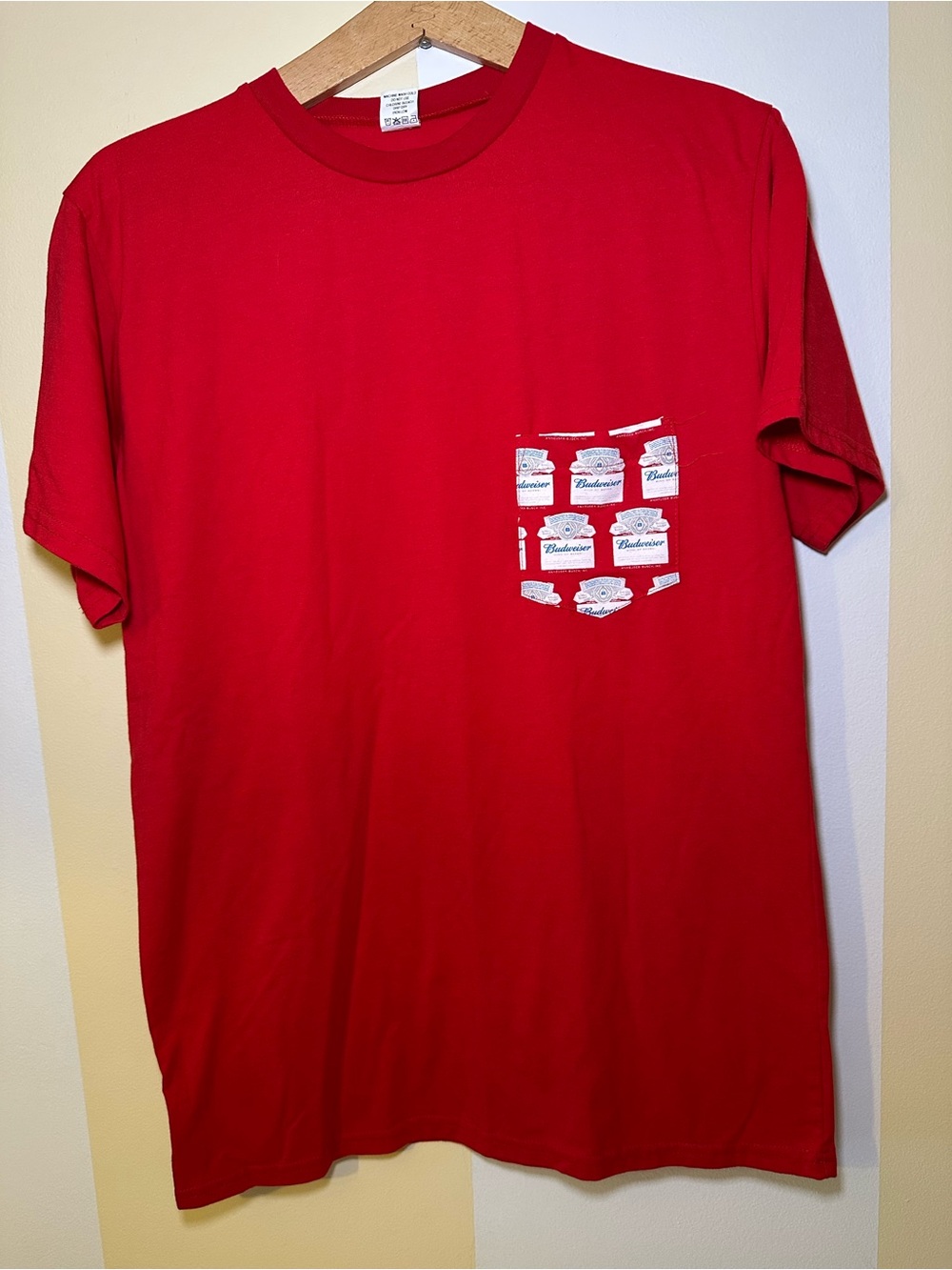 Vintage Budweiser Pocket T Shirt Mens Large Red Beer Logo Label Made In Canada